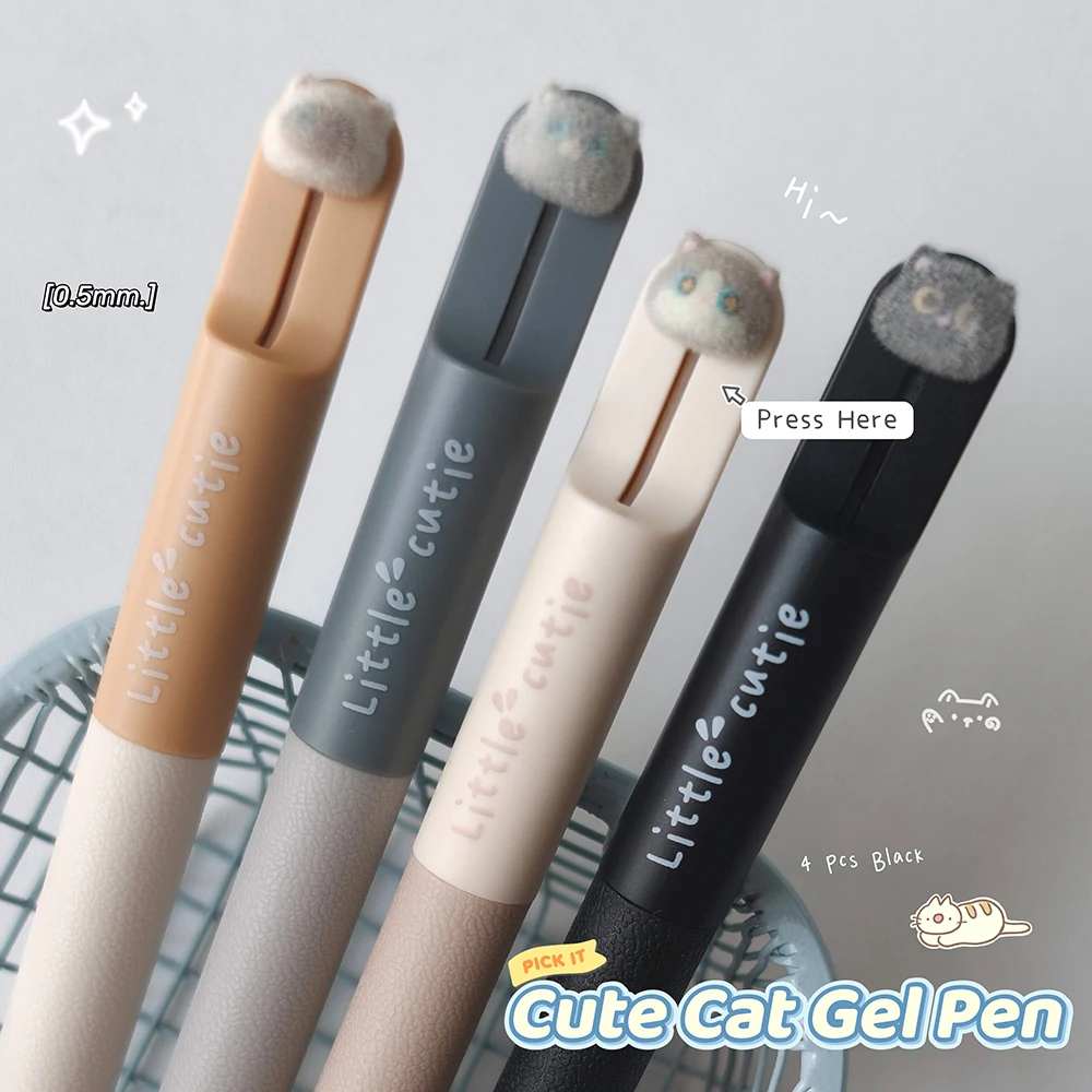 4 Pcs Fun Cat Gel Pen Set 0.5mm Cute Kitten Quick-Dry Pen Simple Style Animal Black Pen For Study & Office Use