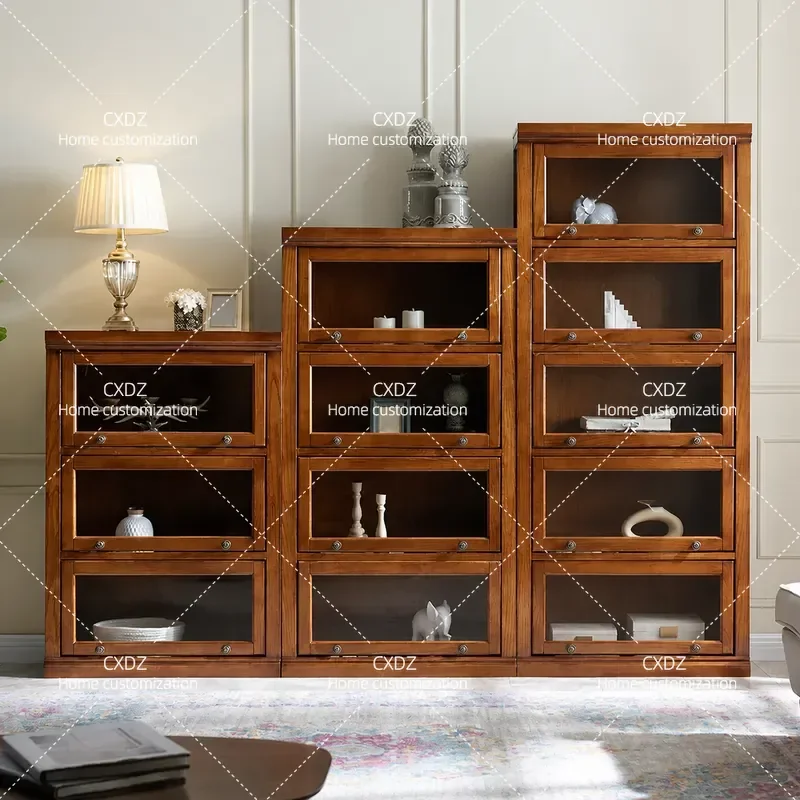 Solid Wood Bookcase with Glass Door Modular Floor Standing Display Cabinet Simple Living Room Storage Shelf Dustproof