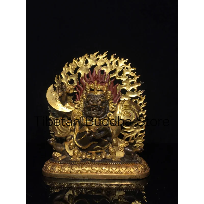 

24cm Tibetan Old Yellow Copper Buddha Pure Copper Gilded Backlit Colored Painting of the God of Wealth in the Dark Sky