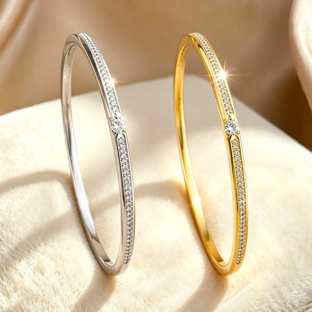 Yupsk Simple Fashion Full Shiny Zircon Thin Bracelets Sliver Gold Color Friendship Copper Bangles Exquisite Jewelry Gift