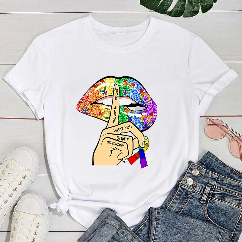 

(Premium T-shirt)Cool Lgbt Lips Print T-Shirts For Women Summer Fashion Casual Short Sleeve Round Neck Tops Ladies T-Shirt