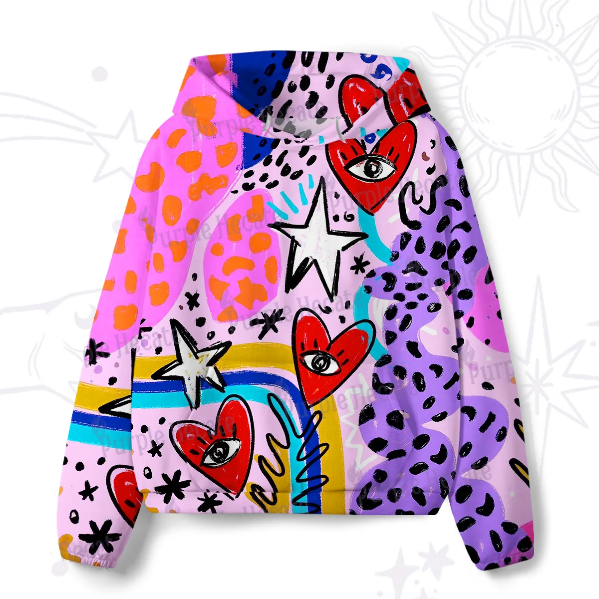 Y2K Abstract Graffiti 3D Hoodie Heart Shaped Eye Shaped Star Leopard Rainbow Art Pattern Sportswear
