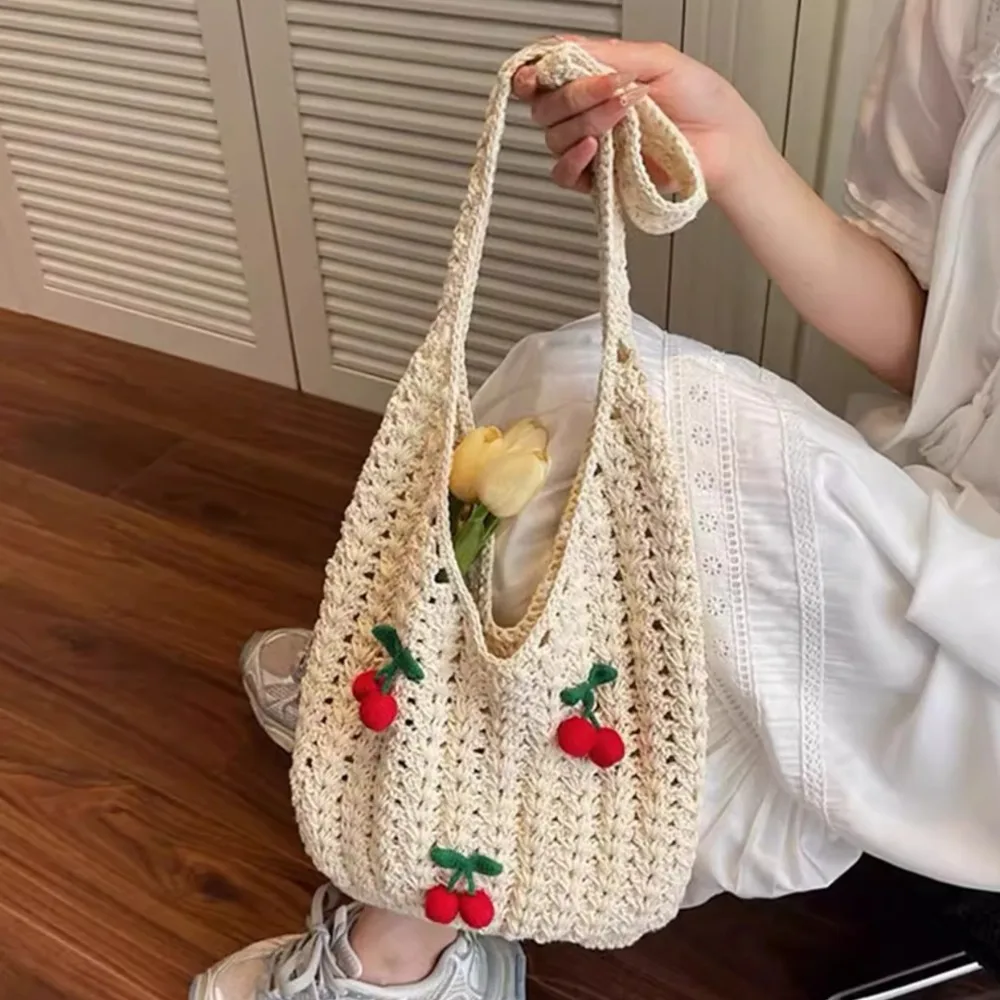 

Large Capacity Woven Shoulder Bag Beach Holiday Bolsos De Mujer Sweet Cute Cherry Sac Femme Lazy Style Bags for Woman Bolso