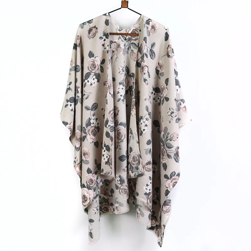 

New Colorful Rose Print Imitation Cashmere Split Shawl Thickened Warm Cloak Autumn and Winter Shawl
