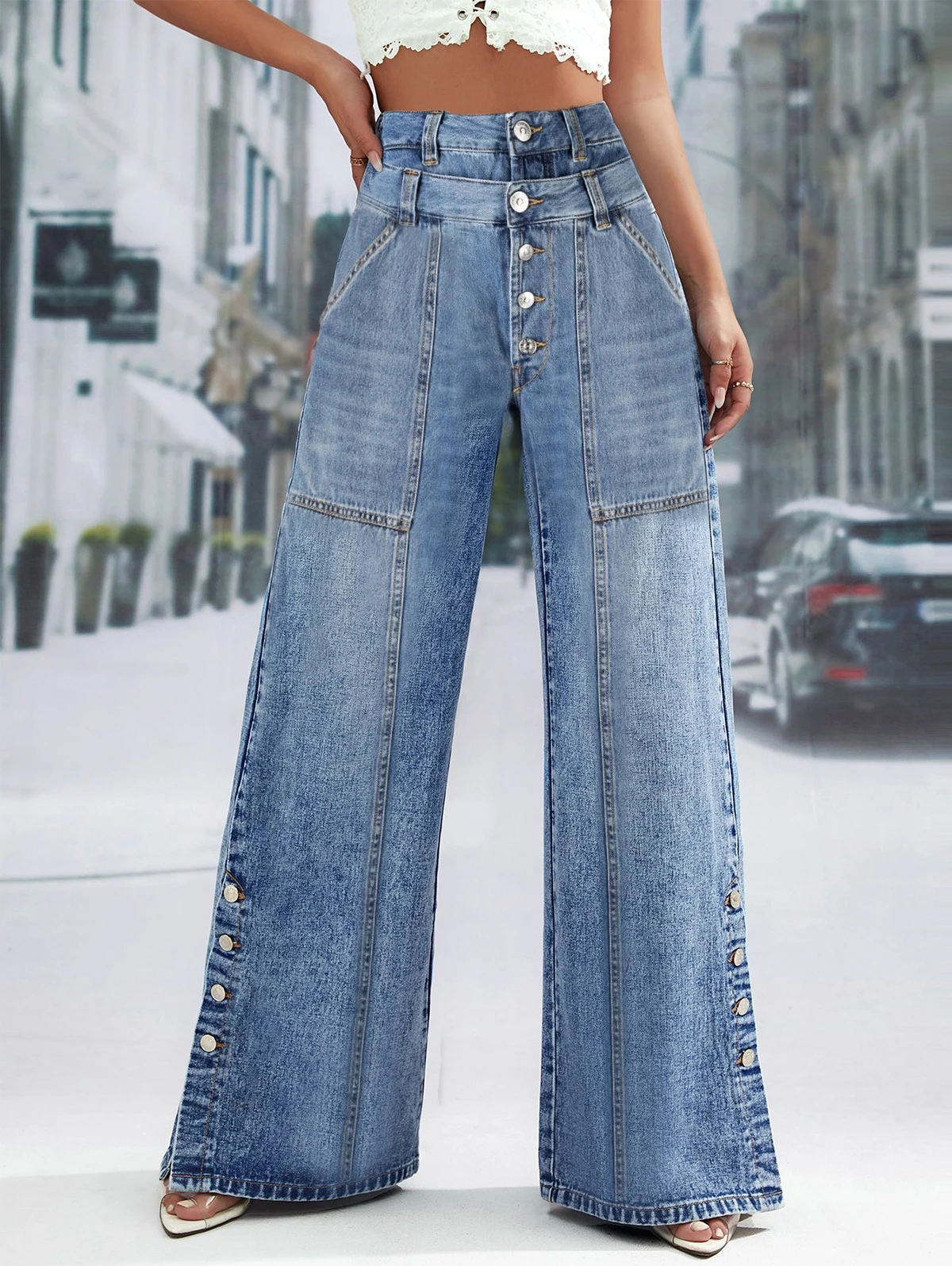 Jean taille haute à jambes larges pour femmes, pantalon long amincissant, pantalon droit, bouton, mode