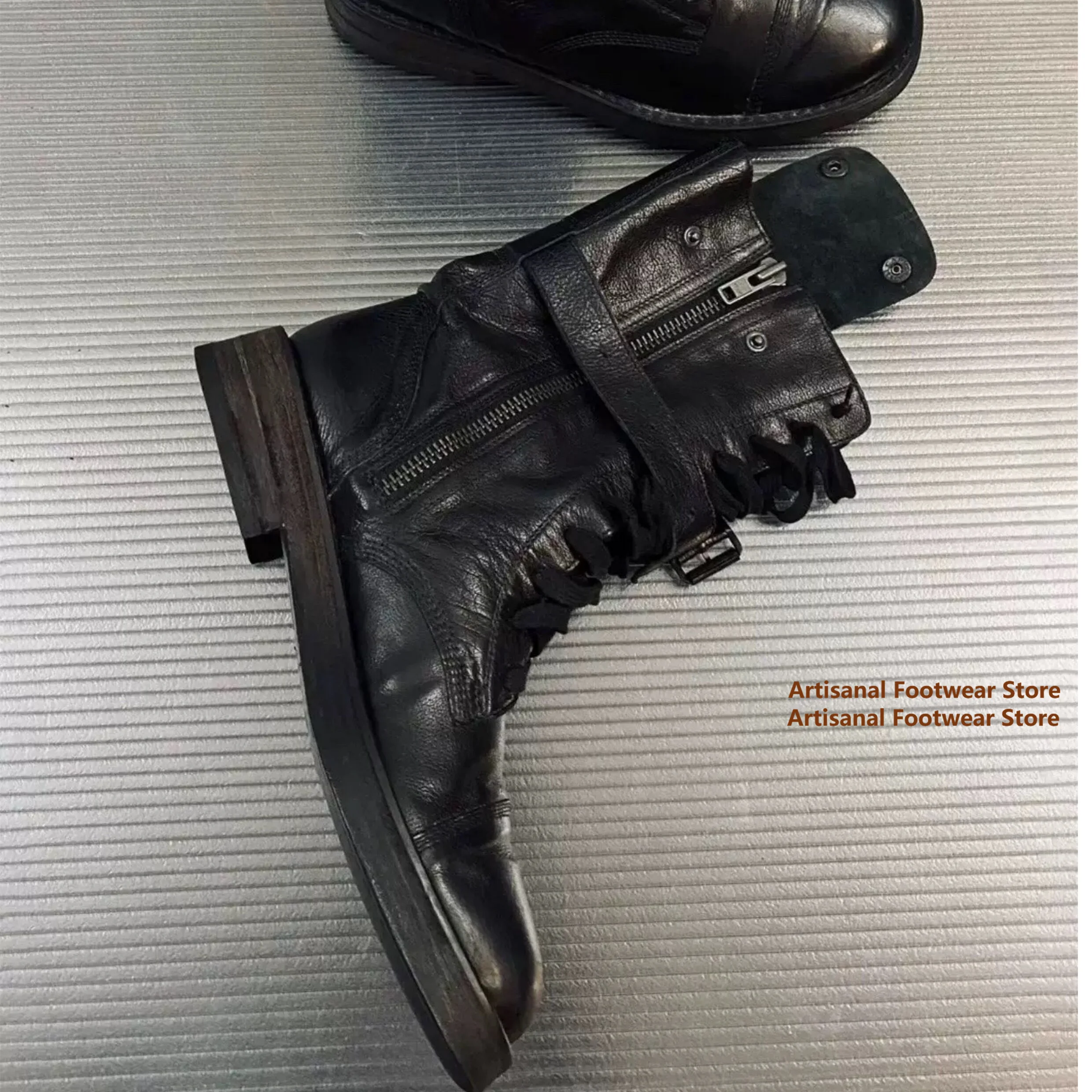 Black Leather Mid-Calf Men's Boots Buckle Strap Lace-Up Boots Non-Slip Booties Designer Trendy Handmade New In Men's Boots