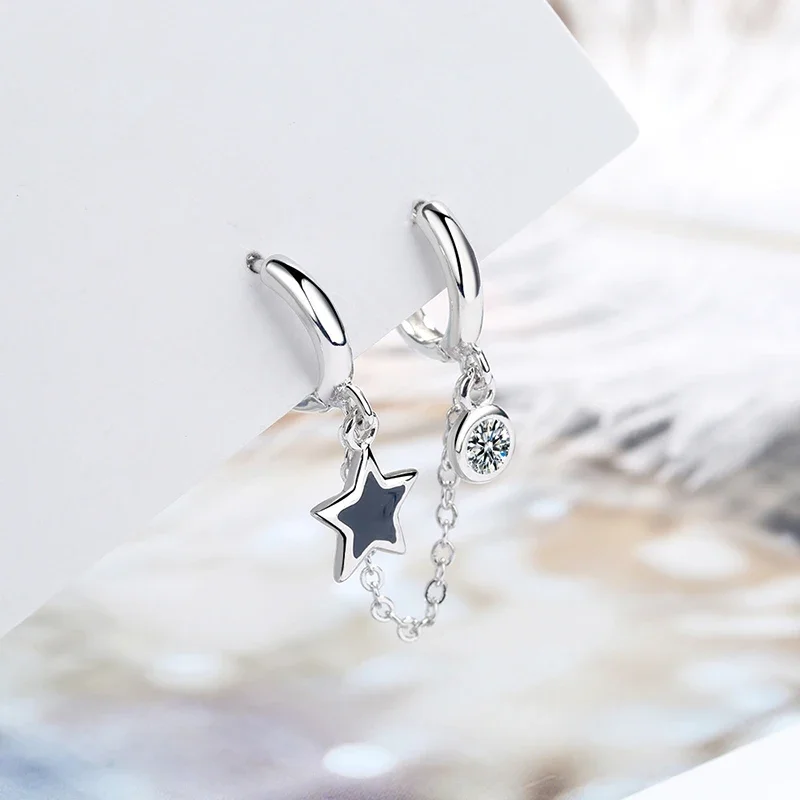 Women\'s Trendy Two Ear Hole Piercing Hoop Earrings Chain Tassel Black Pentagram Star Crystal Simple Boho Earring Jewelry Gifts