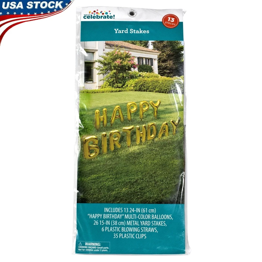 Gold Foil Happy Birthday Balloon Yard Stake Set 13 Pieces Outdoor Decor Easy Setup Includes Metal Stakes Blowing Straws Plastic