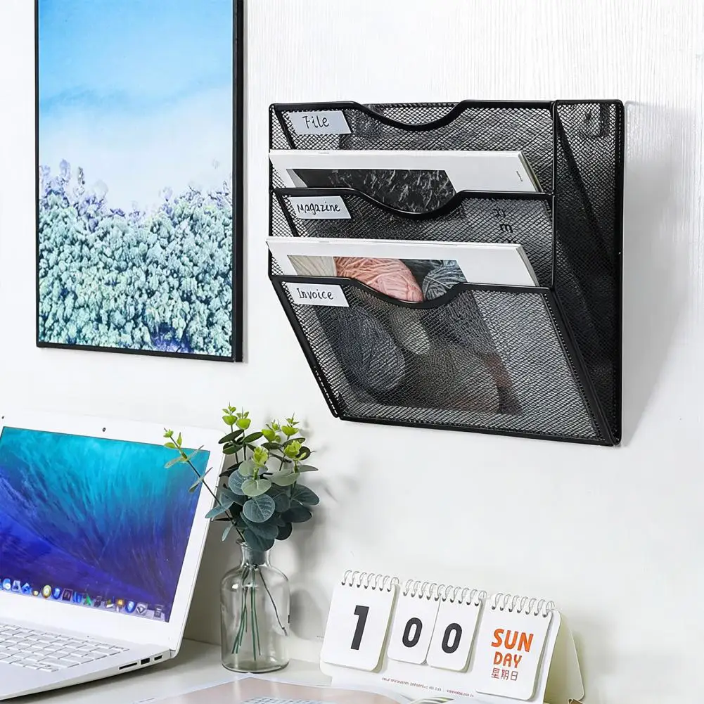 Powder Coat Finish Organizer Office Storage Rack 3-tier Mesh Metal Wall File Organizer with Label Slots for Office