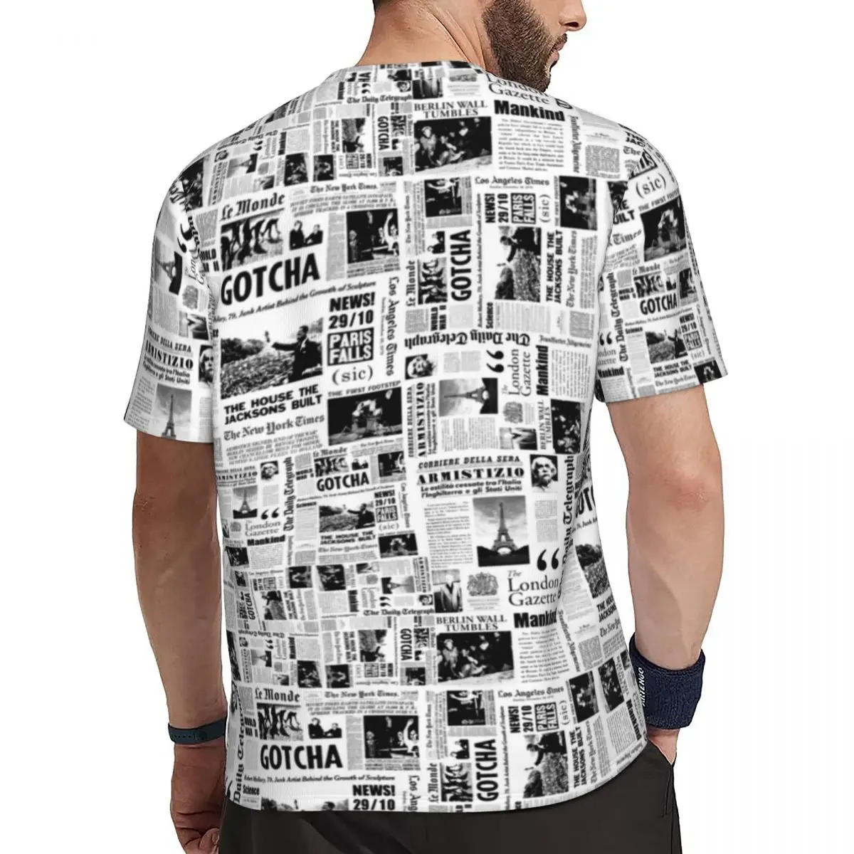 Vintage Newspaper T-Shirt Men Black White Streetwear Gym T Shirts Breathable Summer Hippie Tee Shirt Graphic Big Size Clothing