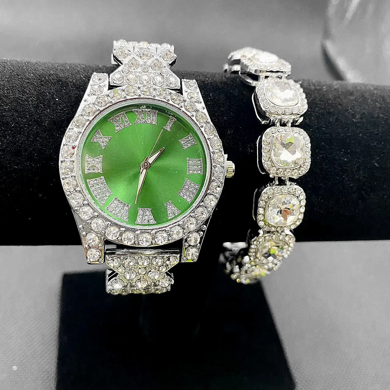 2pcs Full Iced Out Watch for Women Bling Tennis Chain Bracelet Elegant Simple Wristwatch CZ Hip Hop Luxury Jewelry Set Relojes