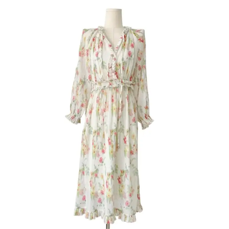 Dames Lente Intellectuele Elegantie Feestjurk Mode Frisse Bloemenprint Lotusblad Kraag Met Veters Tot Enkellange Knusse Vestidos