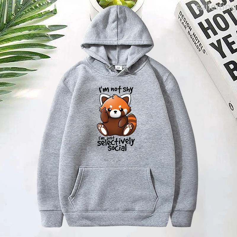 Panda I'M Not Shy I'M Just Selectively Social Printed Kangaroo Pocket Hoodie Women Winter Clothes Aesthetic Clothes