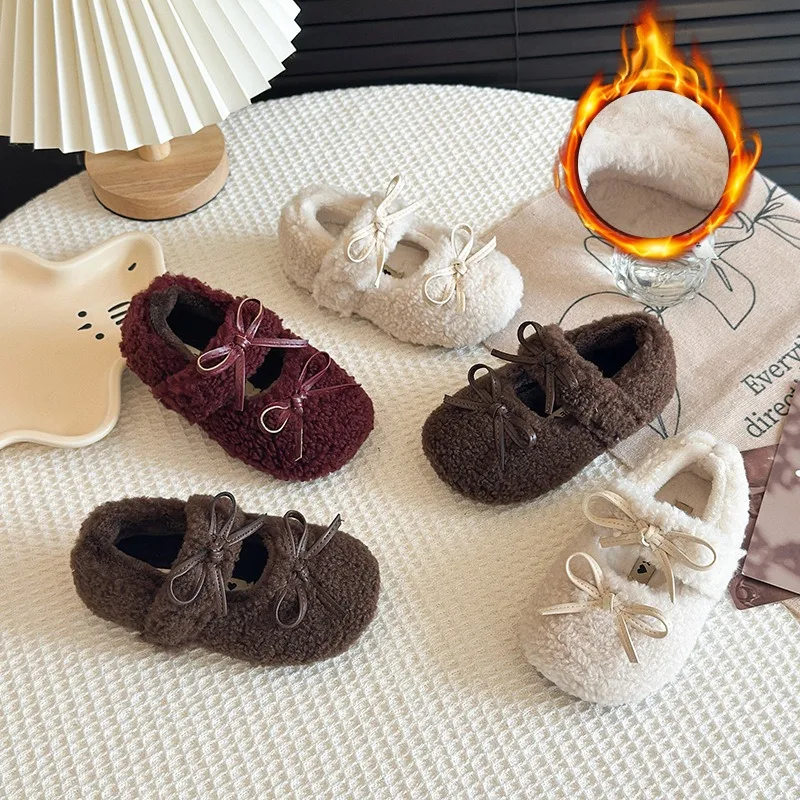 

Children's Korean Version of Mao Mao Flats 2025 Autumn New Girls Soft-soled Bow Warm Princess Shoes Fashion Shoes