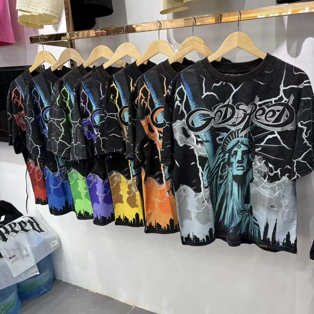 White Ink Direct-Print Short-Sleeve High-Quality Loose-Fitting Fashionable Trendy T-Shirt, Unisex, Washed with a Vintage Effect