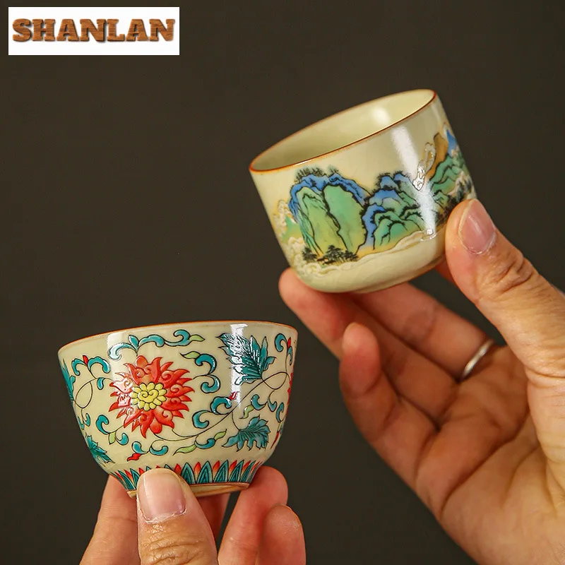 60ml Full Color Landscape Ceramic Teacup Ice Cracks Water Jug Yellow Ru Kiln Opening Master Cup Puer Chazhan Kung Fu Drinkware