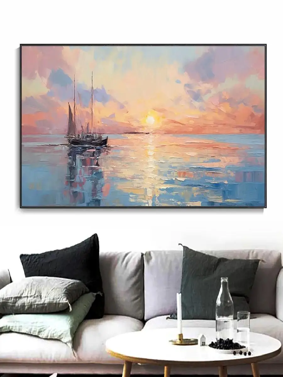 Vintage HandPainted Oil Painting Ocean Canvas Art with Sunrise Sunset Texture for Elegant Home Wall Decor Blue Sea Landscape