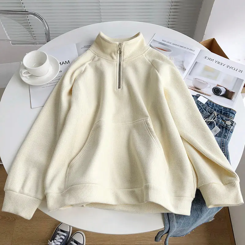 Turtleneck Hoodies Women Waffle Kangaroo Pocket Loose Street Wear Solid Schoolgirls Korean-style Trendy Plus Velvet Pullover New