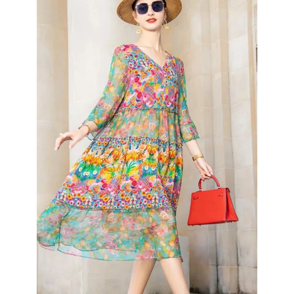 High Quali Summer 2024 Beach Boho Vintage Print Chiffon V Ne Dr Women's Faion Ele Casual Maxi Dr