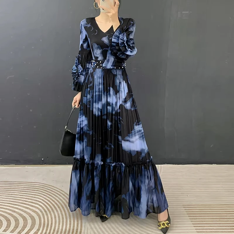ANLAN Premium Blue Black Ink Print Pleated Maxi Dress Elegant Ruffle Sleeve V-neck Long Dress Women Formal Wear 5AN1031