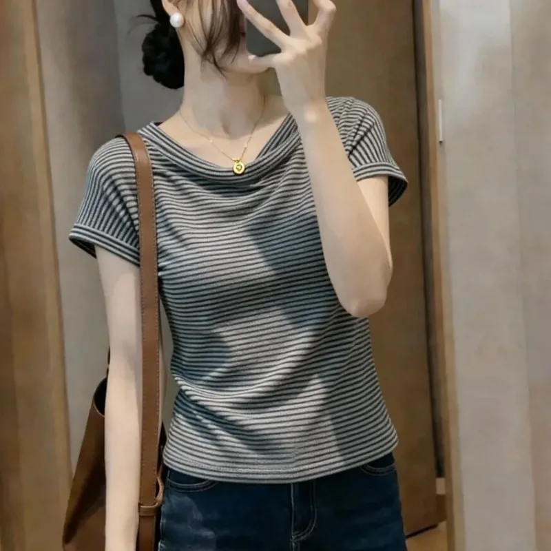 Women Minimal Striped Draped Neck Short Sleeve T Shirt Summer Slim Fit Elegant Casual Top Plus Size
