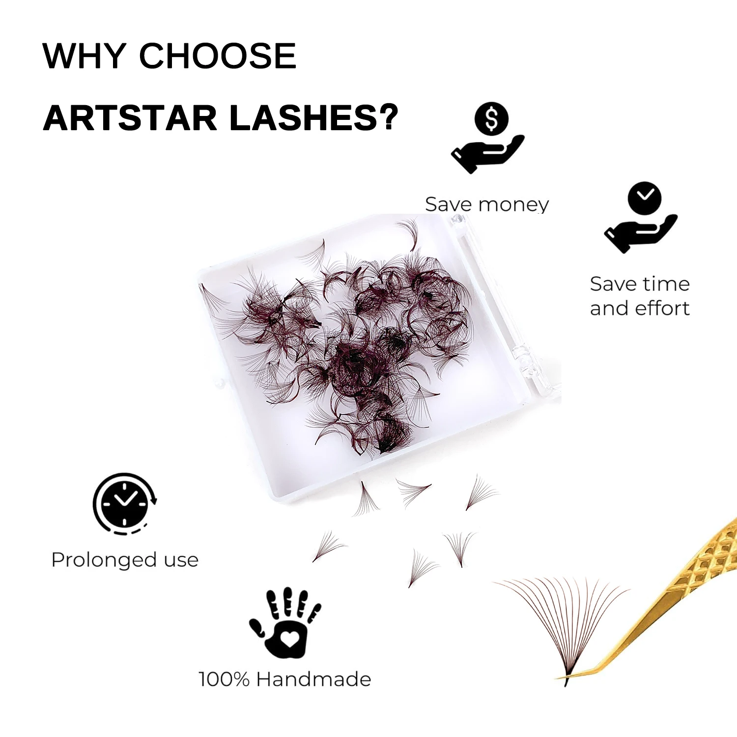 ARTSTAR Brown Premade Fan Lash Extensions 5D to 20D Thin Pointy Base 500 Fans Loose Promade Volume Lashes Makeup Cilio