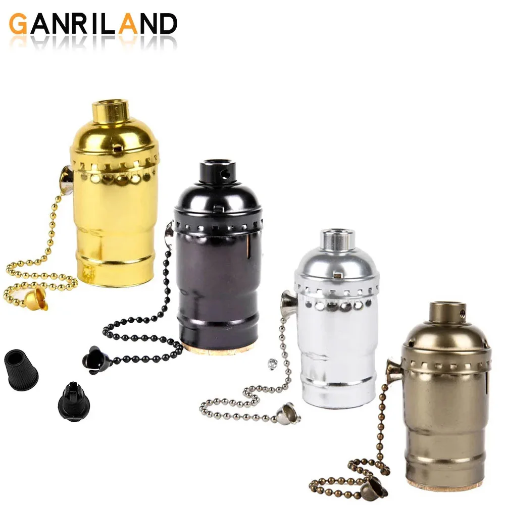 GANRILAND E26 E27 Vintage Retro Lampholder 110V 220V Aluminum Soquete Shell Zipper Lamp Base For Light Screw Socket With Switch