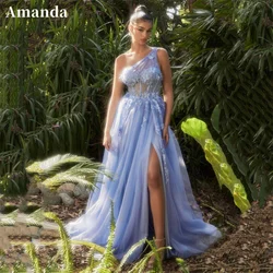 Amanda Lace Embroidery A-line Prom Dress One Shoulder فستان حفلات الزفاف Sexy Side High Split vestidos de festa