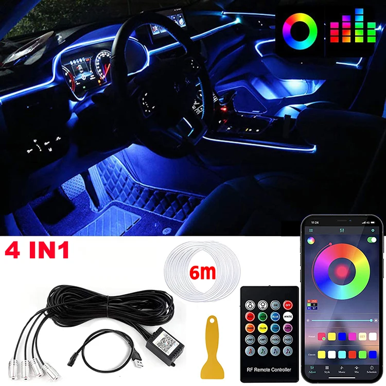 Led Auto Interieur Ambient Strip Lights Rgb Fiber Optic Sfeer Neon Verlichting Kit W/App Afstandsbediening Auto Decoratieve Lampen - afbeelding 1