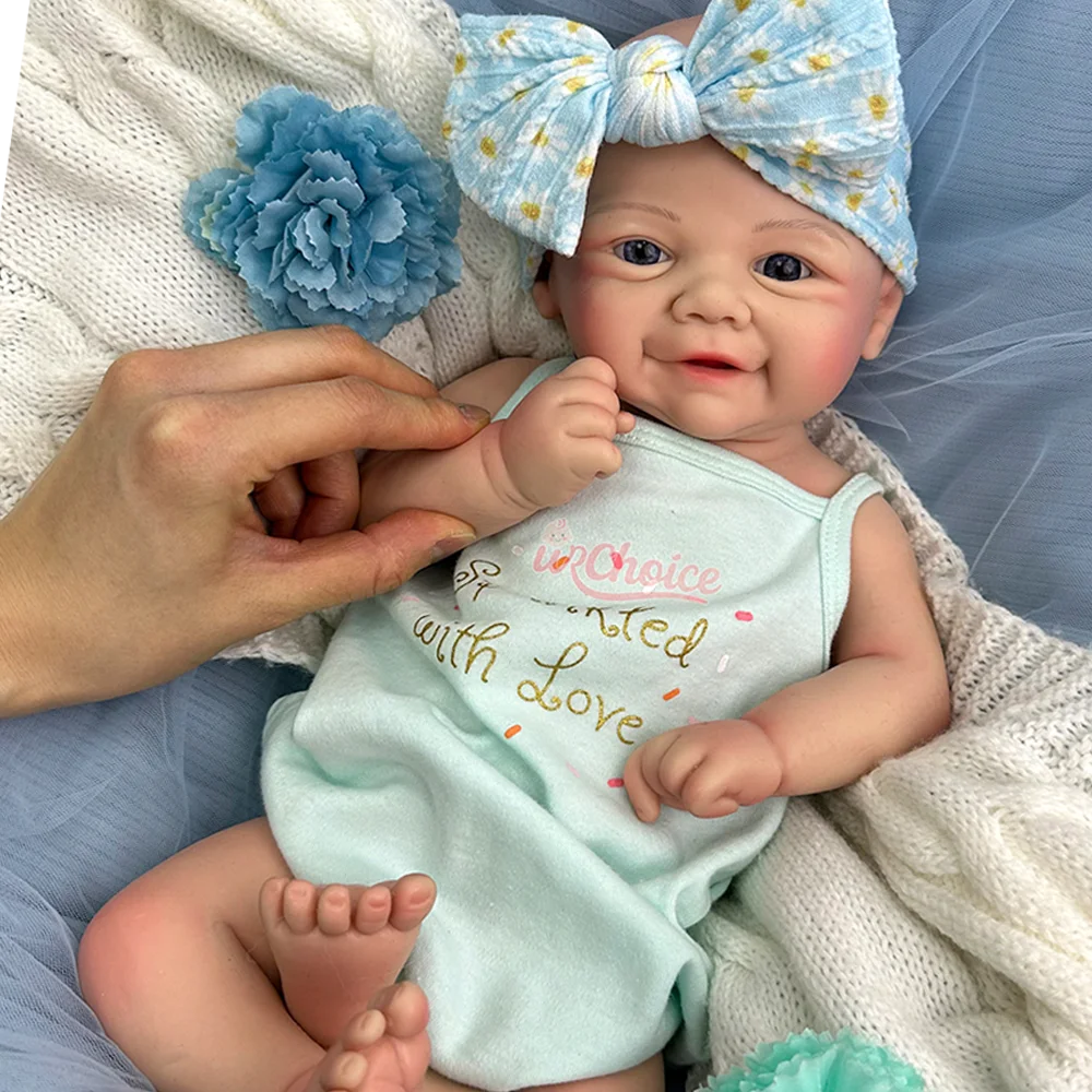 Blue Eyes 17" Silikon-Reborn-Babypuppe, süßes Lächeln, Mädchen und Junge, realistische 6 Pfund gewichtete Neugeborene Puppe als Geschenk für Sammler