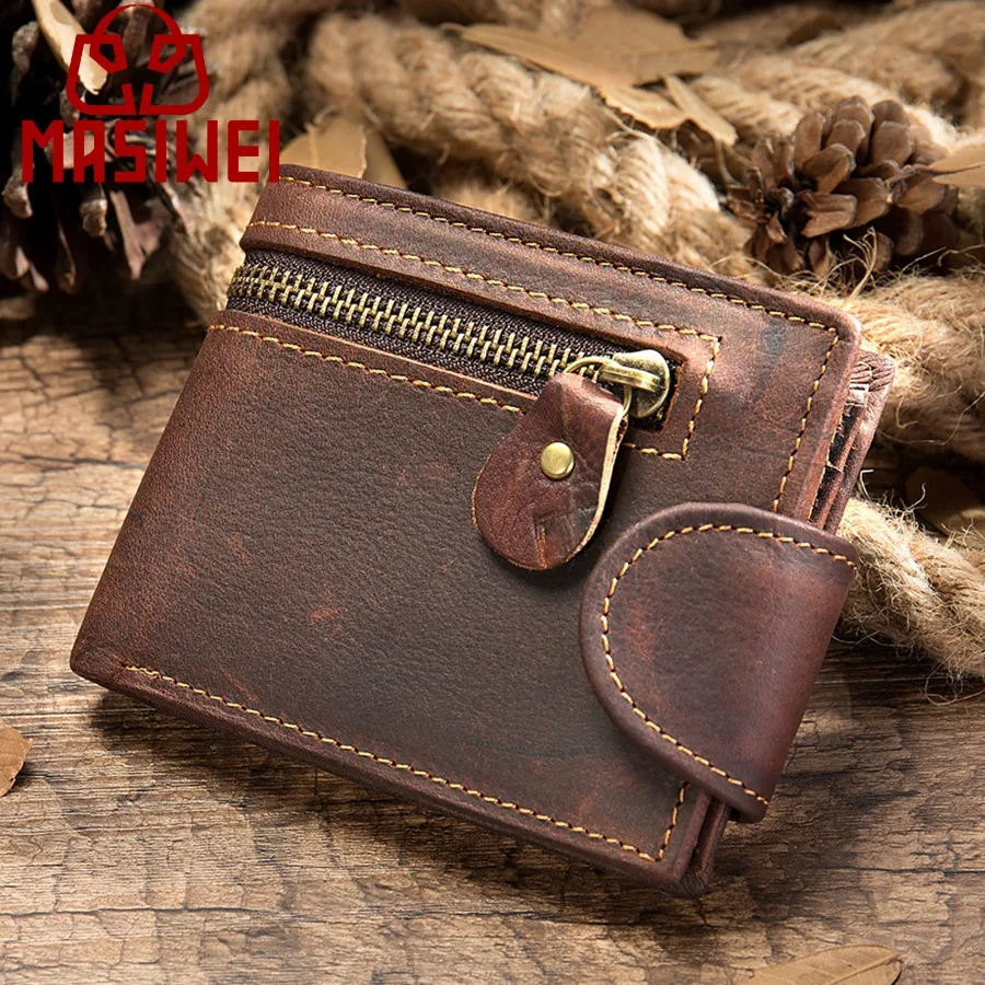 

【New style】's popular crazy horse leather wallet short authentic leather men's buckle wallet multi-card top-layer cowhide card