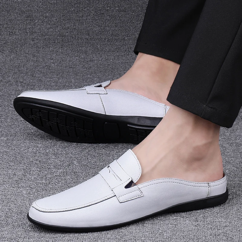 White Half Shoes For Men Mules Loafers Slippers Leather Flats Semi Drag Casual Shoes Summer Backless Driving Shoes Male Slides