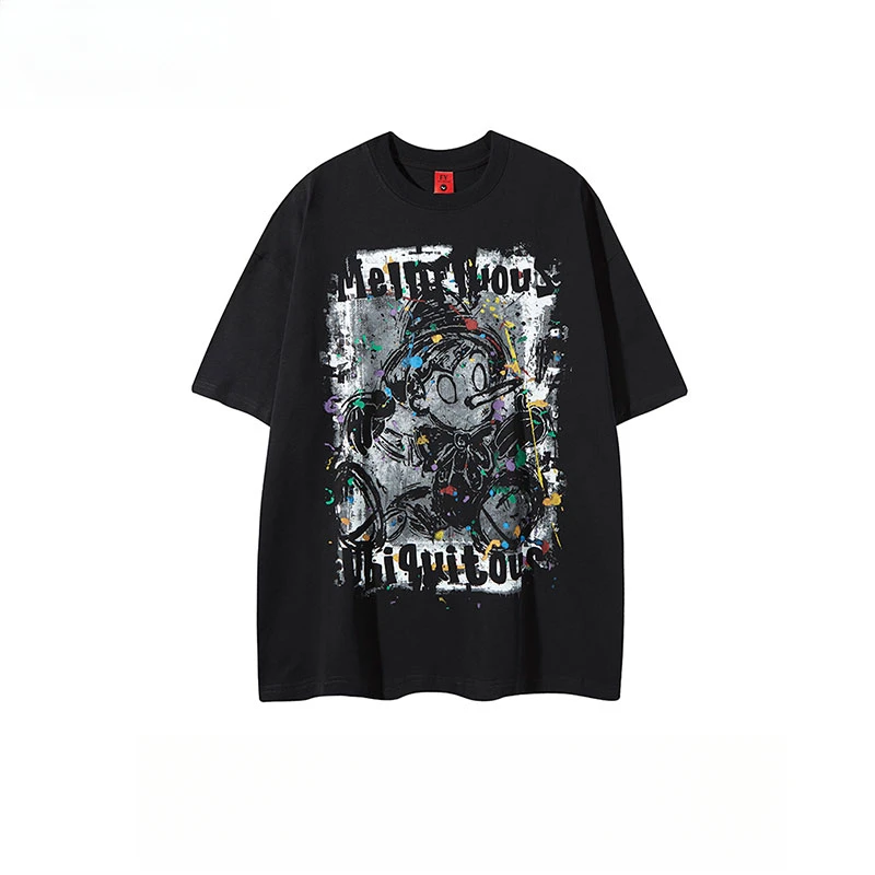 الأمريكية الرجعية بينوكيو الكرتون طباعة قصيرة الأكمام تي شيرت المرأة كبيرة الحجم الهيب هوب Ins زوجين عالية الجودة القطن تي شيرت