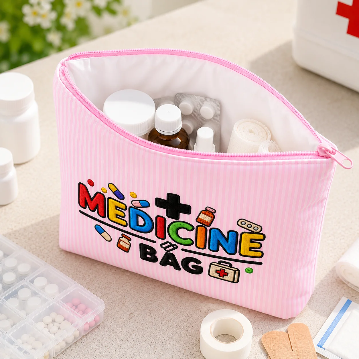 Medicine Bag Pink Stripe First Aid Bag Large Capacity Medical Storage Organizer Travel Home Medicine Pouch Family Emergency Care
