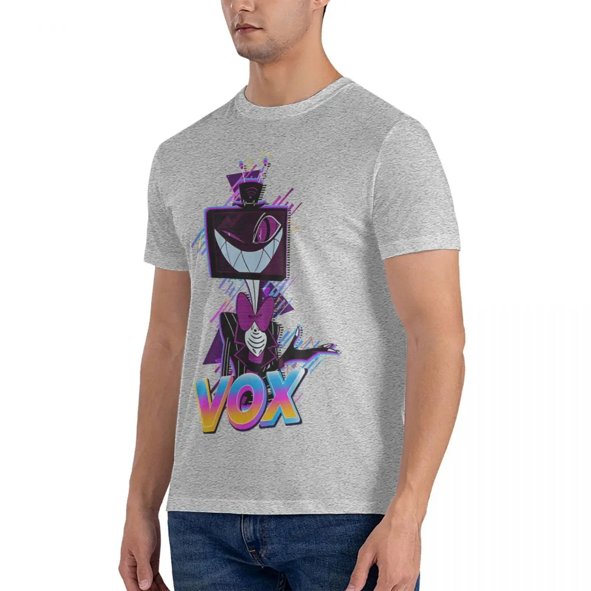 Fashion Purple Vox T-Shirt for Men Crewneck Cotton T Shirt Hazbins Hotels Short Sleeve Tees Graphic Clothing