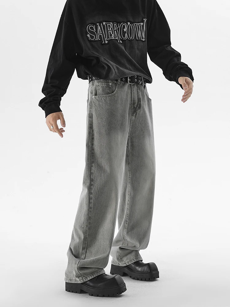 

Осенние новые мужские модные мешковатые джинсы, серые винтажные уличные широкие джинсовые брюки, мужские повседневные прямые брюки, уличная одежда