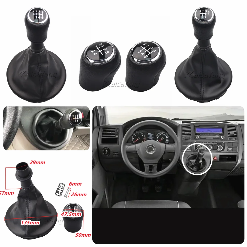 For VW Transporter T5 T5.1 Gp 2003-2011 T6 Gear Shifter Knob Lever Manual 5 6 Speed  With PU Leather Dustproof Cover