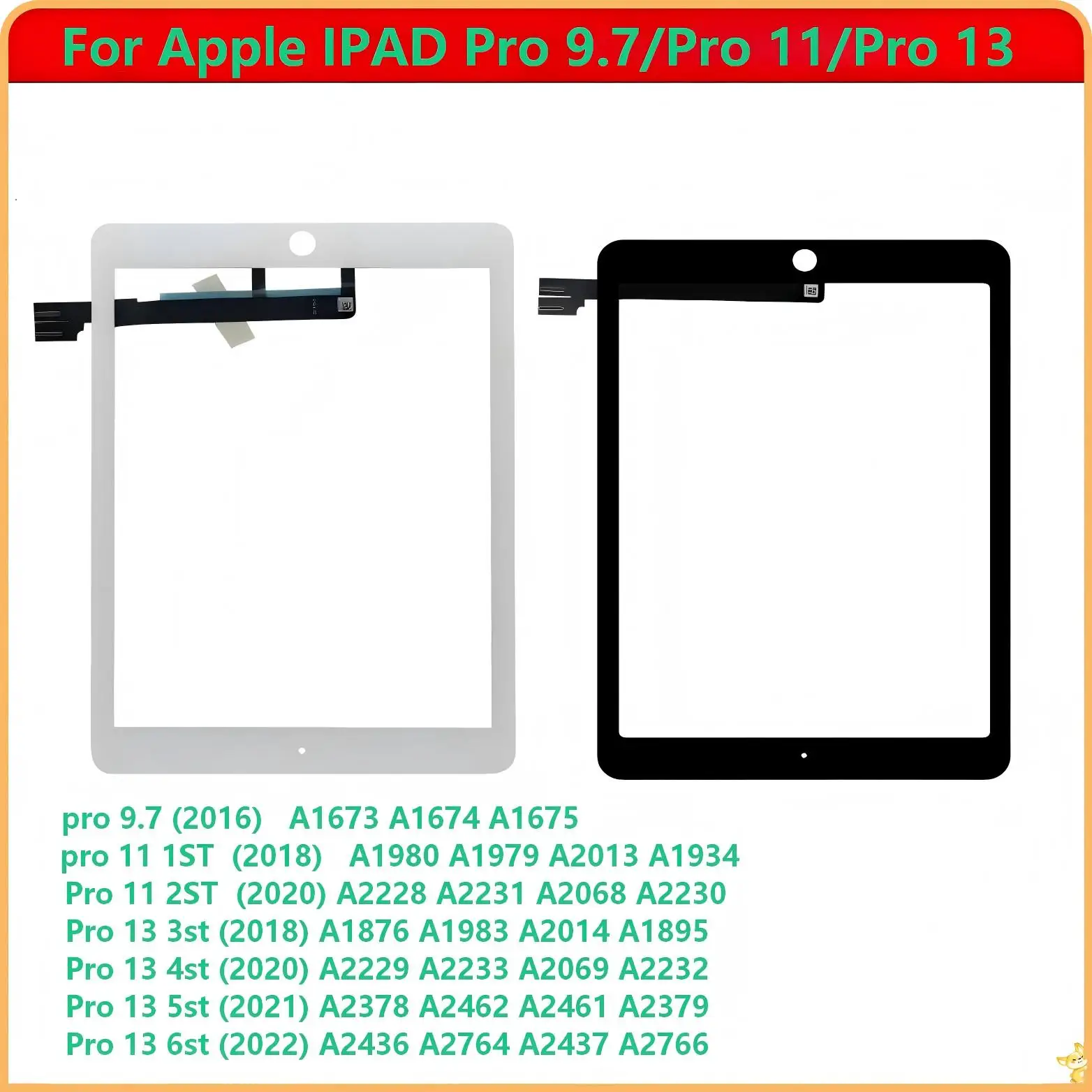 

Сенсорный экран (дигитайзер) и внешнее стекло для Apple iPad Pro 9.7, Pro 11 (1-го, 2-го поколений), Pro 13 (3-го, 4-го, 5-го, 6-го поколений)