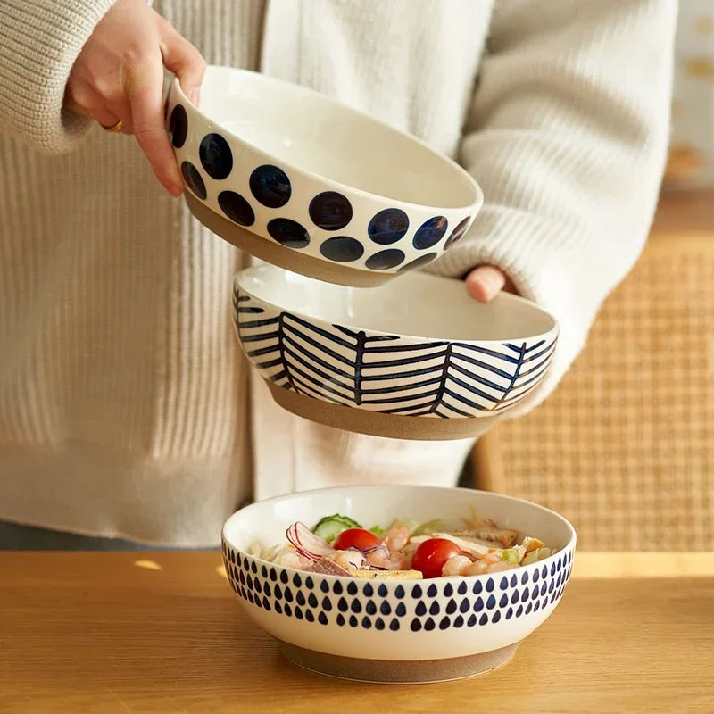 

8inch Ceramic Large Ramen Bowl Red Blue Dot Soup Salad Bowl Porcelain Japanese Noodle Bowl Dinnerware