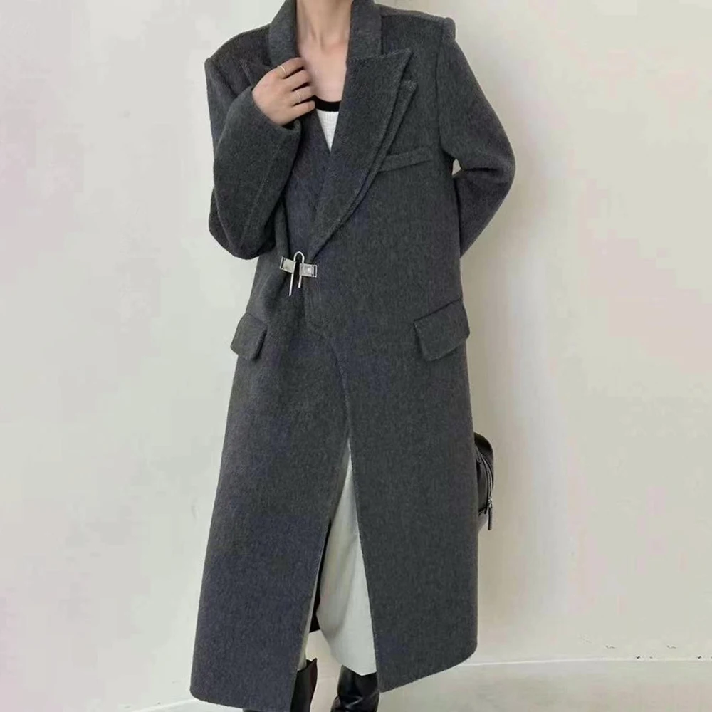 TWOTWINSTYLE Solid Patchwork Pocket Trench For Women Notched Collar Long Sleeve Designer Loose Coats Female Fashion Clothes New