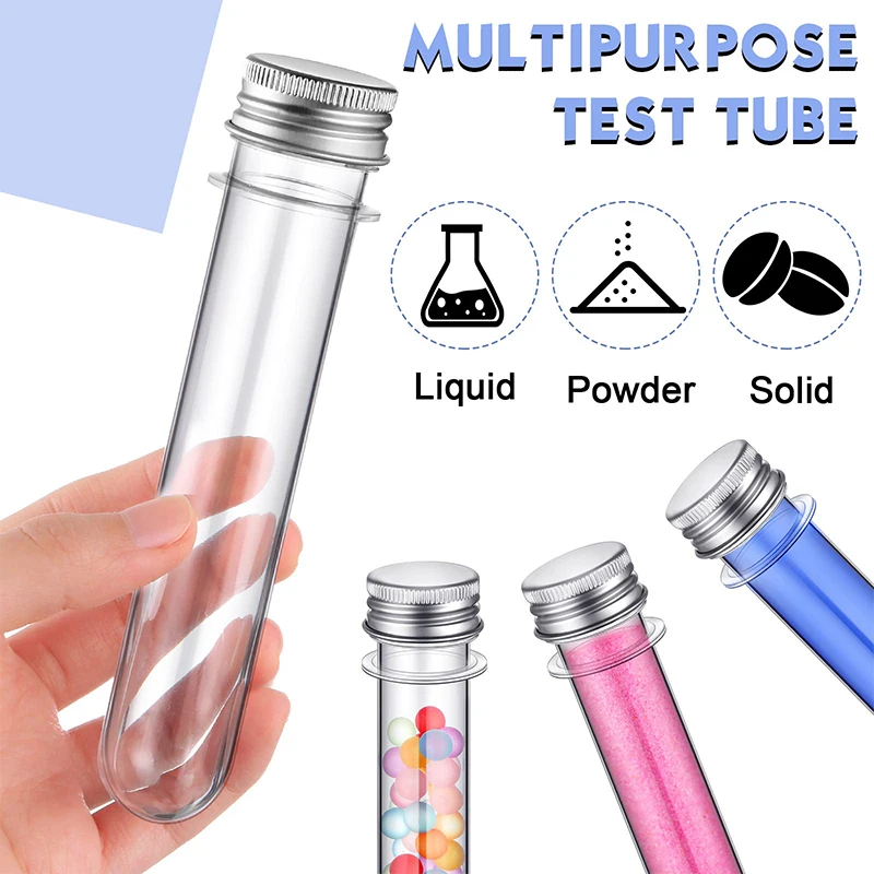 Plastic PET Test Tube com Alumínio Parafuso Tampas, Cilindro Tubos, Doces Container, Banho Sal Tubo, Transparente, 45ml, 20Pcs