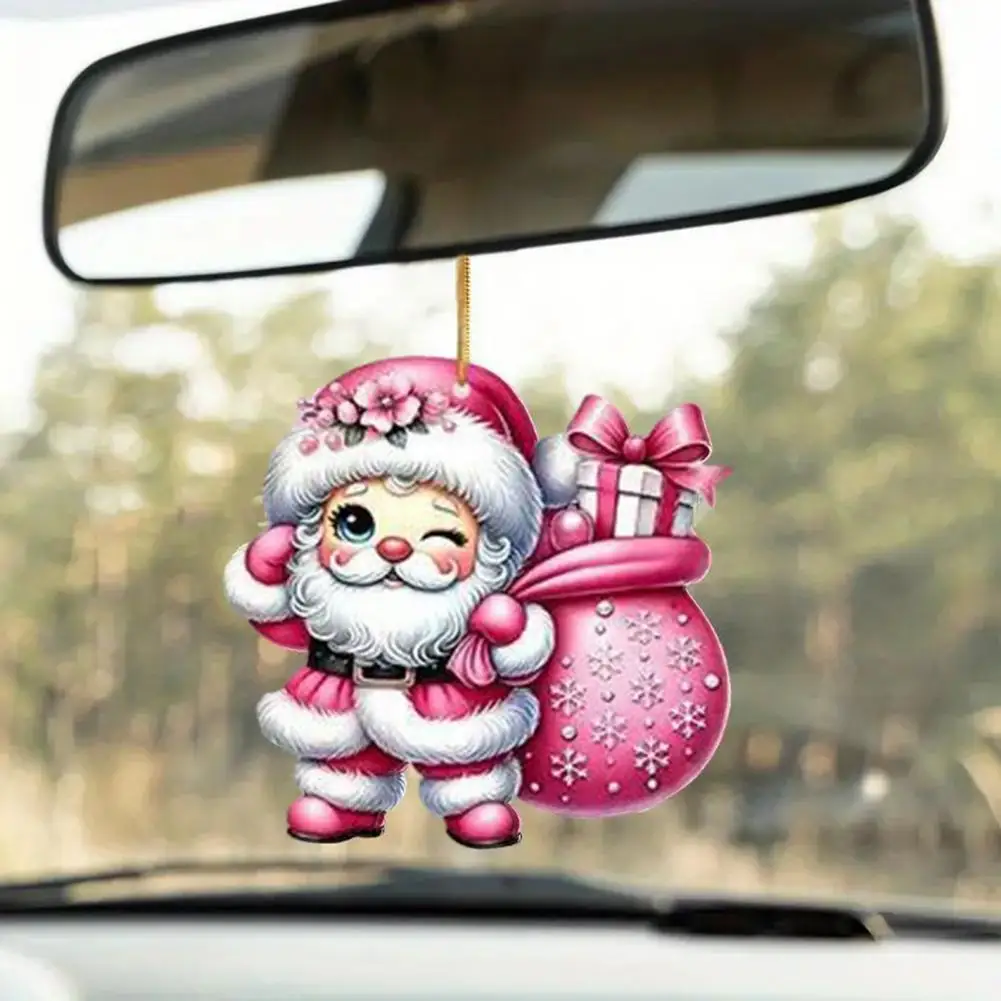 Pink Santa Claus Acrylic 2d Rearview Mirror Decorative Pendant Cartoon Christmas Snowman Hanging Pendant Decorative Car Charm