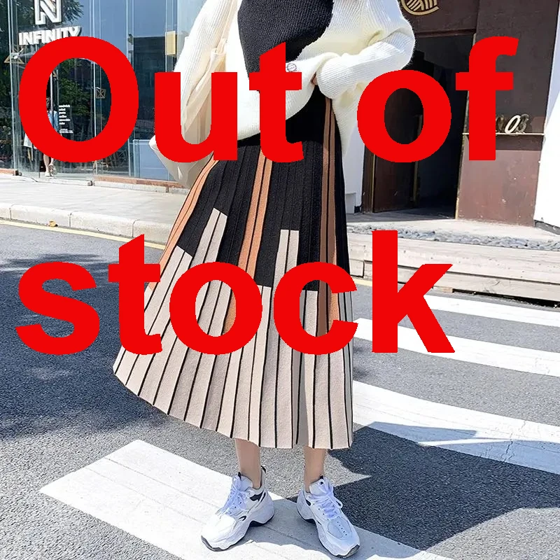 

2024 Autumn Winter Women's Knitted Skirts Thick Warm A-line Striped Knit Skirt High Waist Patchwork Pleated Skirts N1124-4