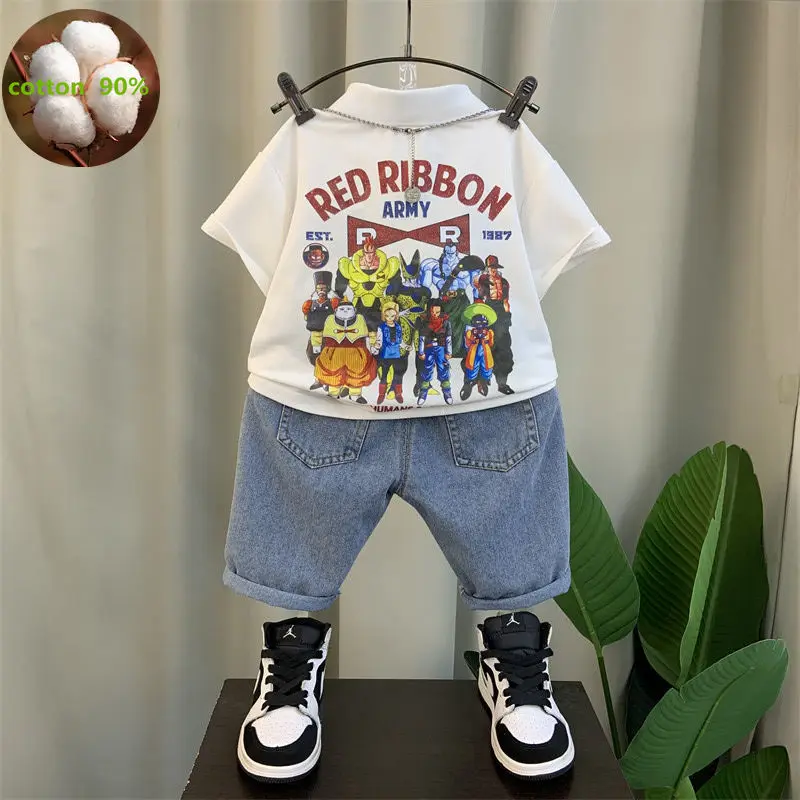 Korean Summer Kids Clothes Boys Shorts Set Cartoon Short Sleeve T-shirts + Denim Jeans 2pcs Suits for Boys Clothes 2-12 Y