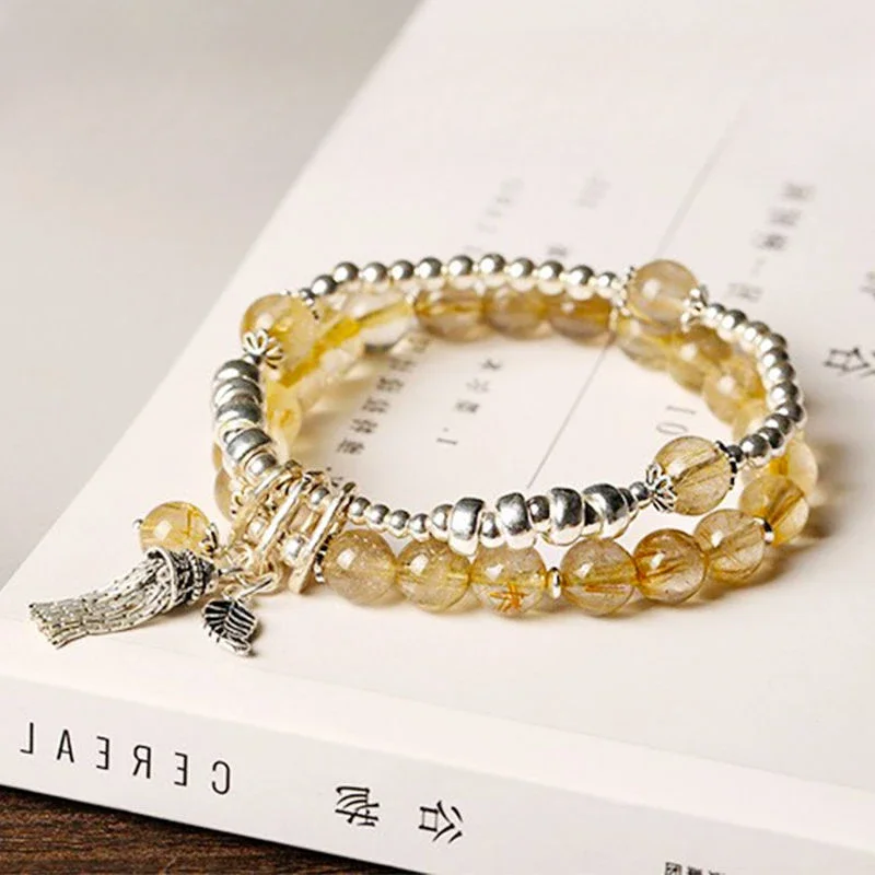 

Mencheese Lucky Gold Rutilated Quartz Bracelet Pure Natural Genuine Bracelet Tassel 925 Silver Bracelet for Girls