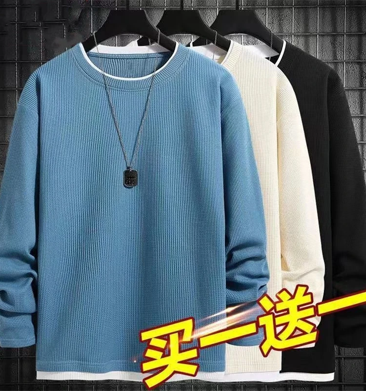 Trendy Men's Long Sleeve T-Shirt Fleece Lined Loose Fit Large Size Heavyweight Waffle Pattern Top Autumn Fashion Streetwear