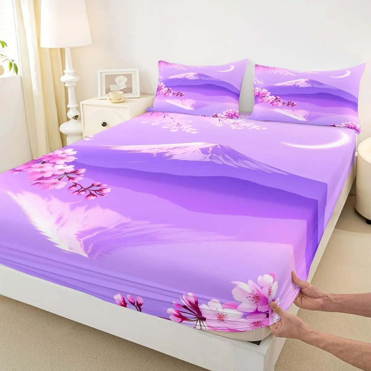 Fuji Mountain Fitted Sheet,Cherry Blossom Sheet Set Twin Queen Size Modern Japanese Botanical Blossom Ink Paintings Bed Sheets