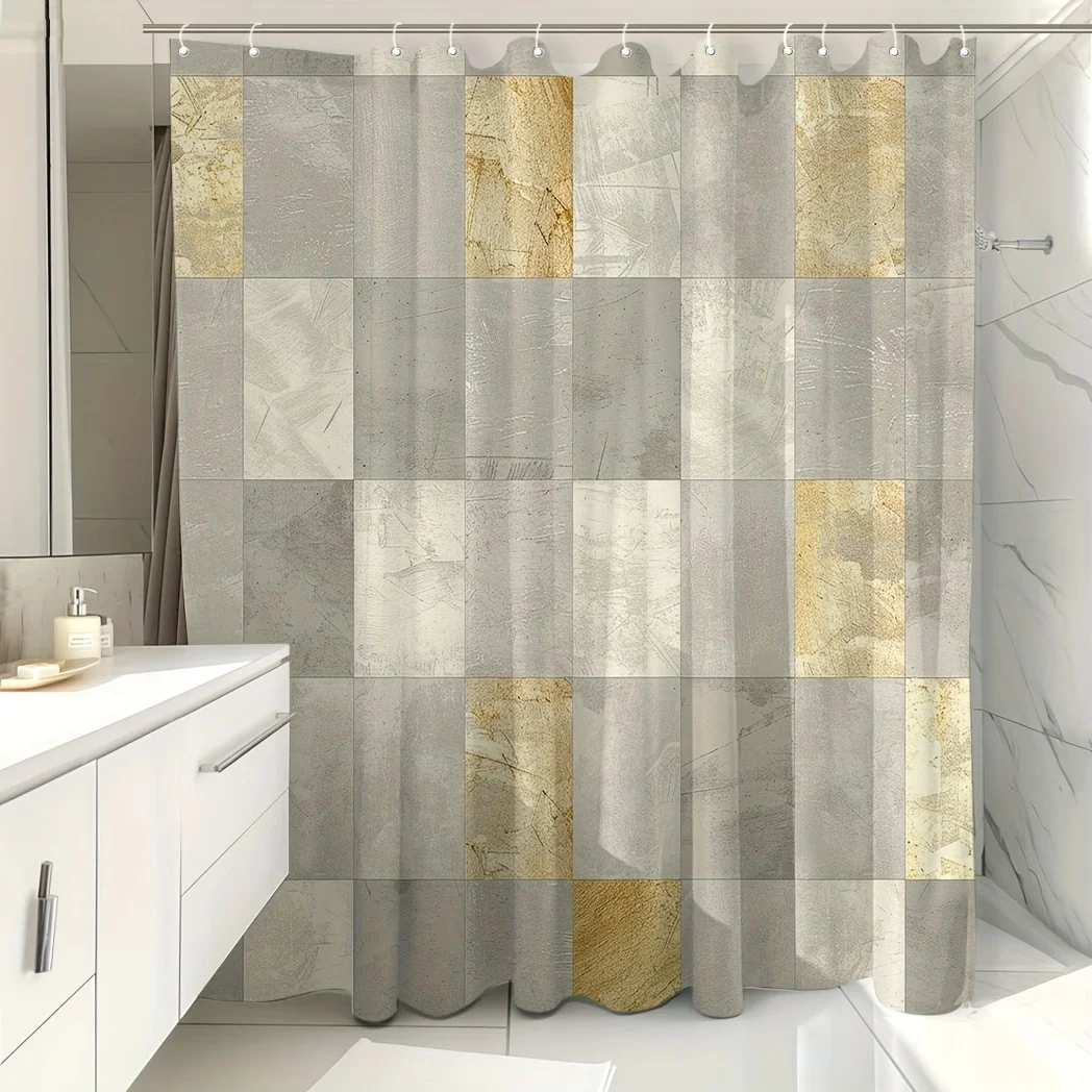 

Серая занавеска для душа с геометрическим рисунком — позолоченный принт, полиэстер с цифровой печатью, 12 крючков, элегантный декор для ванной комнаты