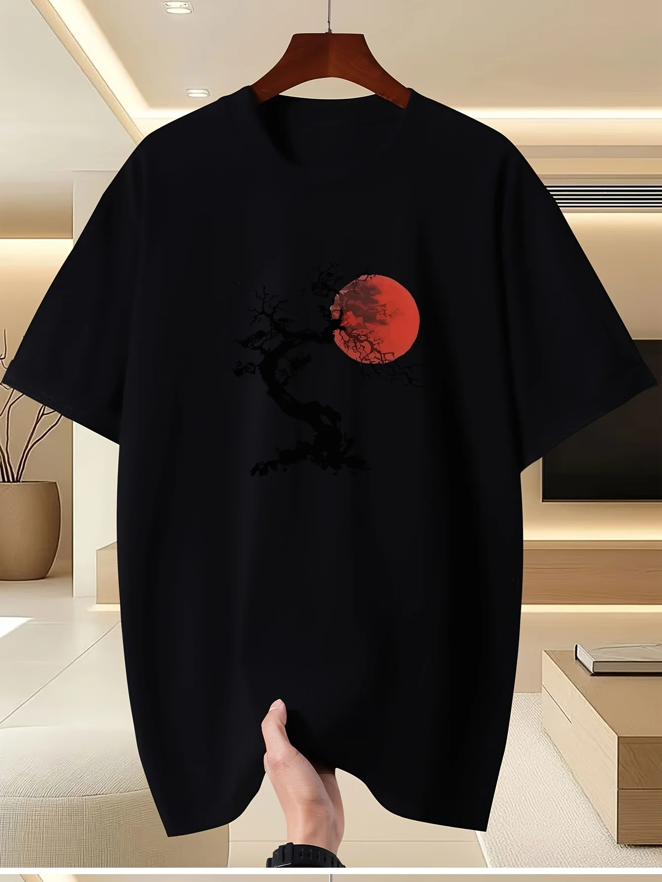 Men's Japanese Bonsai Tree Red Sun T-shirt Zen Art Graphic Casual Short Sleeve White Tee Asian Streetwear Shirt