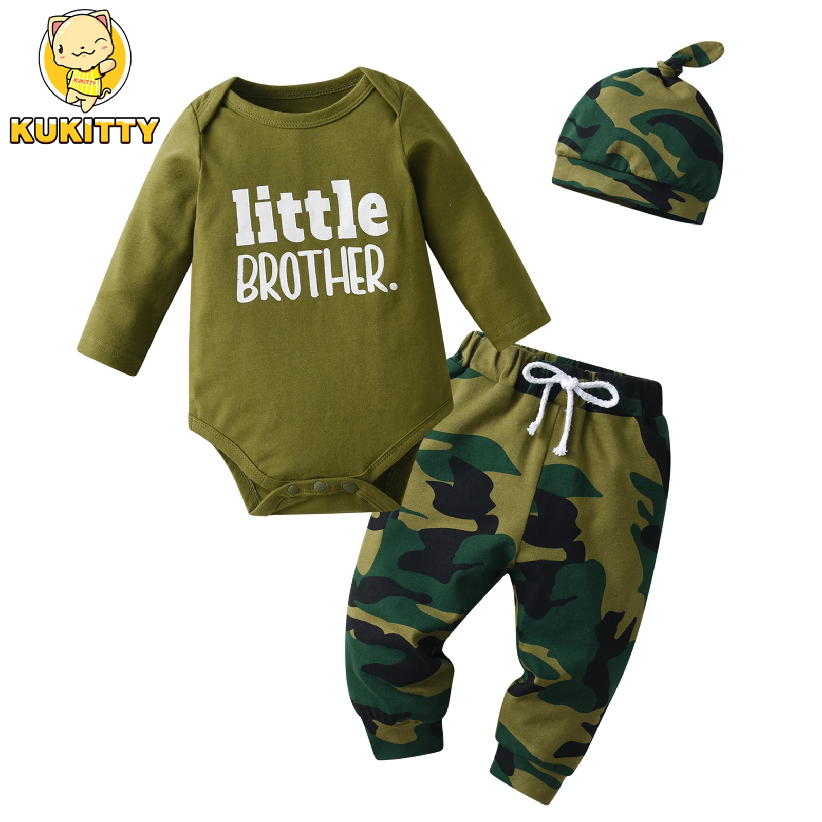 Newborn infant Baby Boy Clothes Set Thin Cotton Long Sleeve Romper Bodysuit Top and Camo Pants Hat 3pcs Outfit for Boys Babies